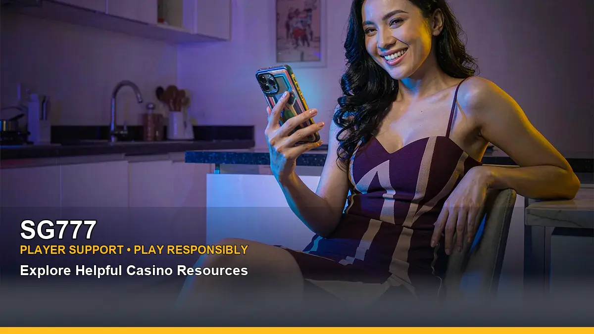 SG777 mobile access guide with a phone display and casino-themed interface