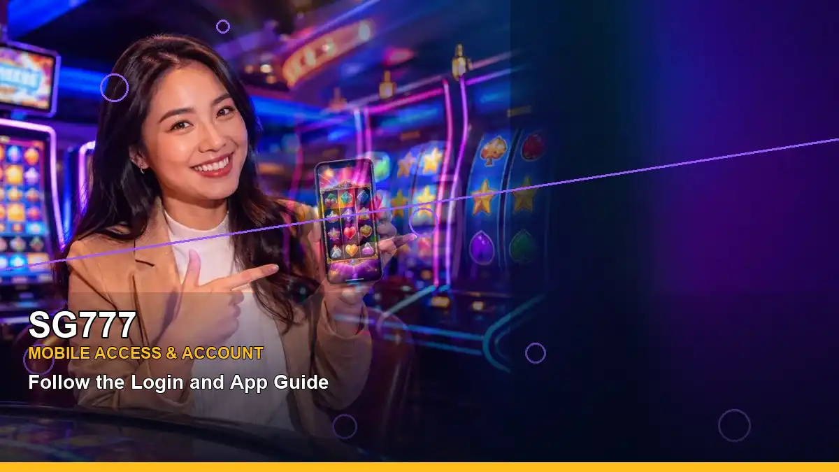 SG777 mobile slot scene with an adult Filipina casino host in a left-aligned composition